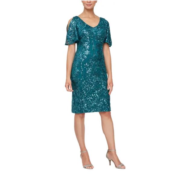 Alex Evenings Women's Cocktail Dress Size 6 Green Sequined Short Sleeve Sheath - Picture 10 of 12